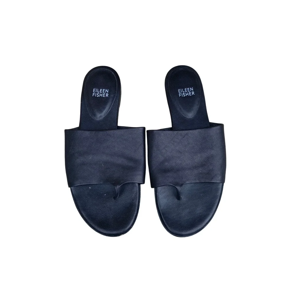 Eileen Fisher Leather Toe Loop Black Slide Sandals Shoes 7.5 Flat Minimalist - Picture 1 of 4